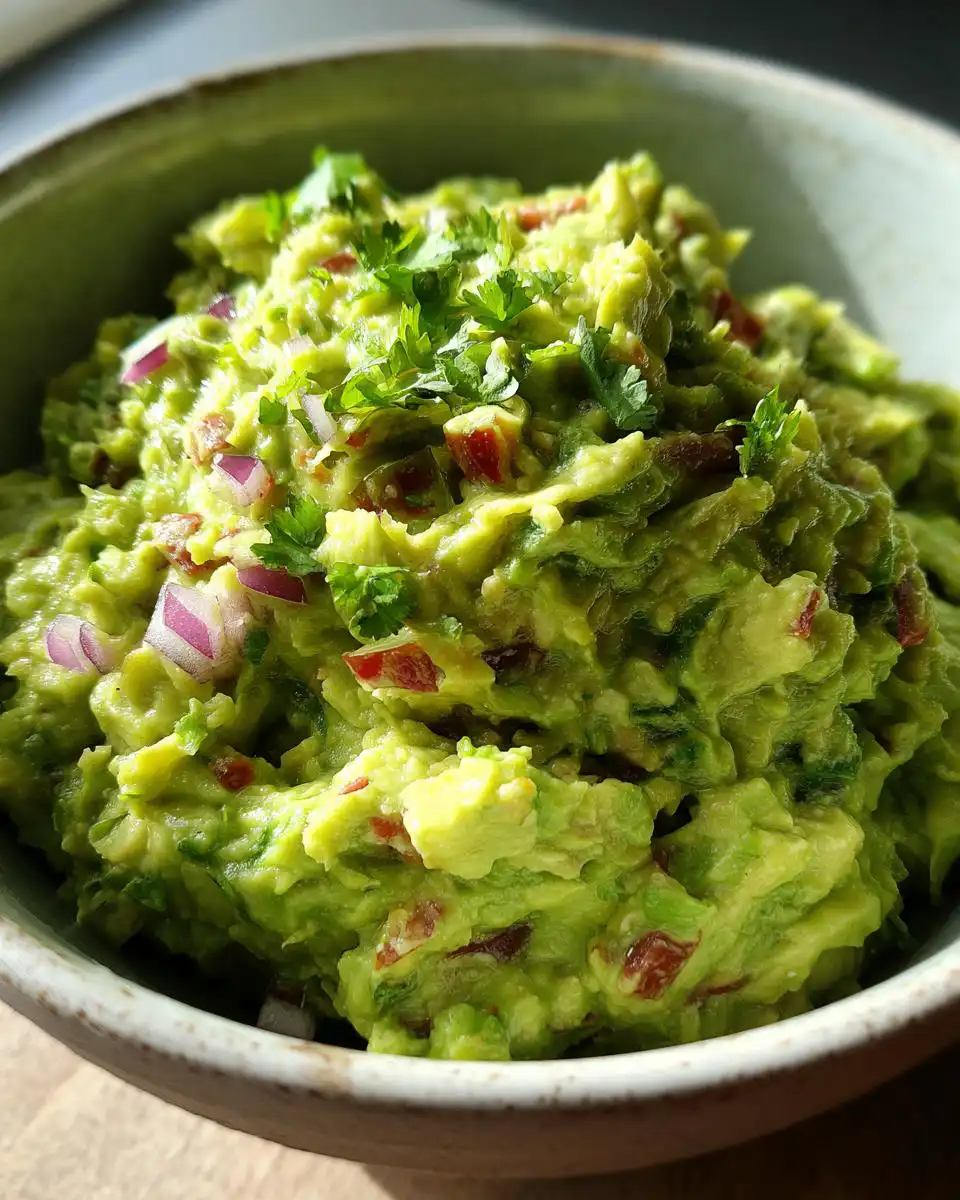 A close-up of Perfect Homemade Guacamole in a bowl, featuring chunky avocado, red onion, and fresh cilantro.