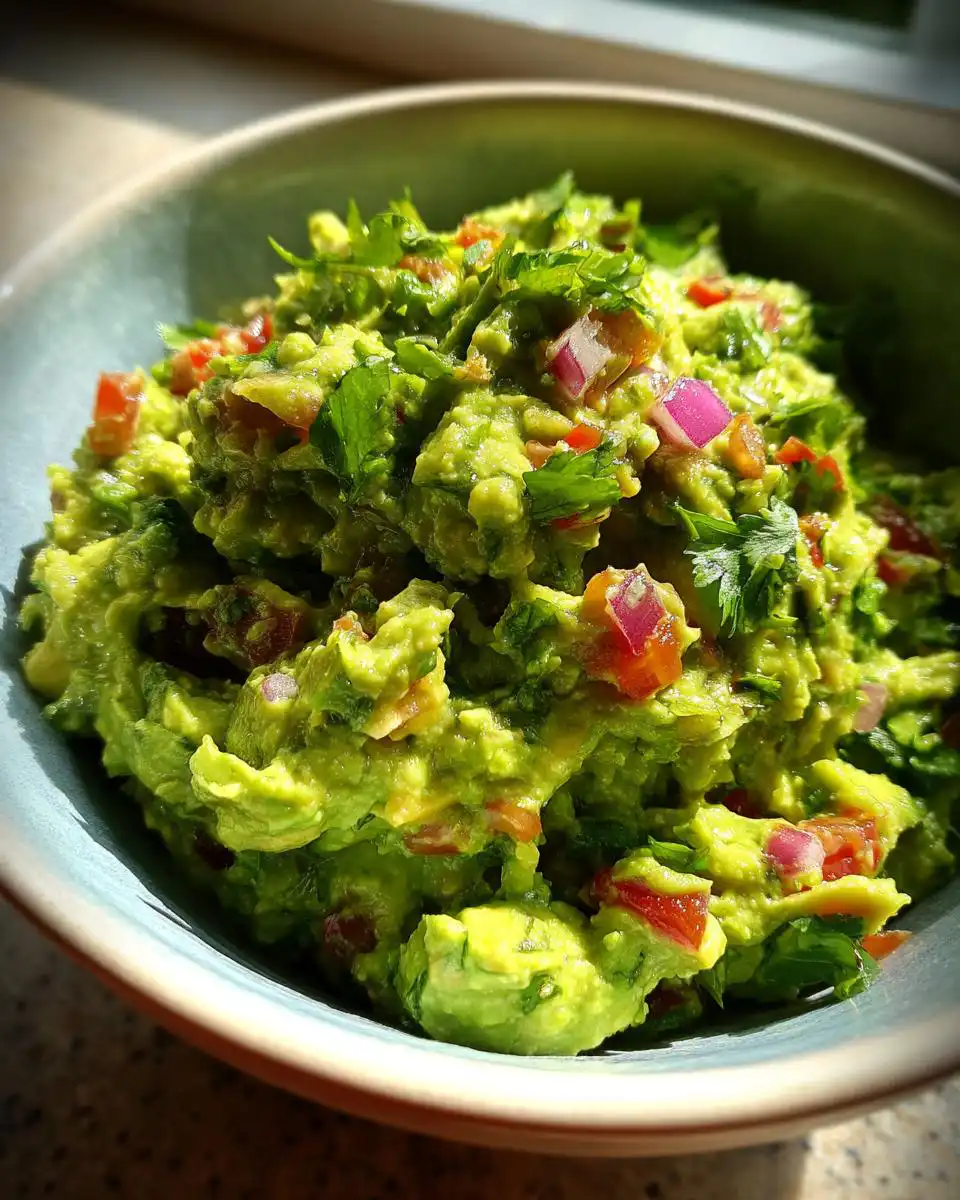 A close-up of a bowl filled with chunky, fresh homemade guacamole, featuring avocado, red onion, tomato, and cilantro.