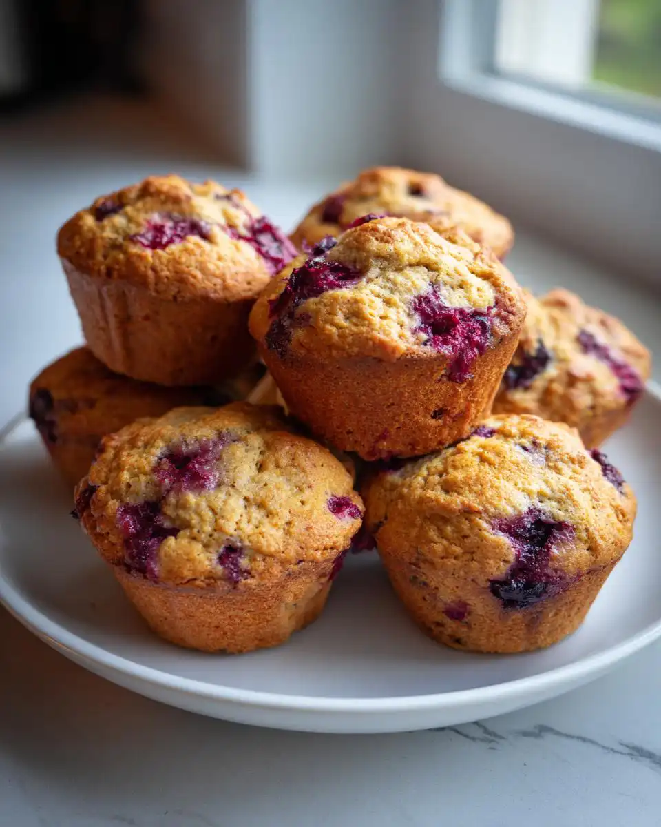 A stack of gym-friendly Protein Banana Blueberry Muffins on a white plate, showcasing plump blueberries.