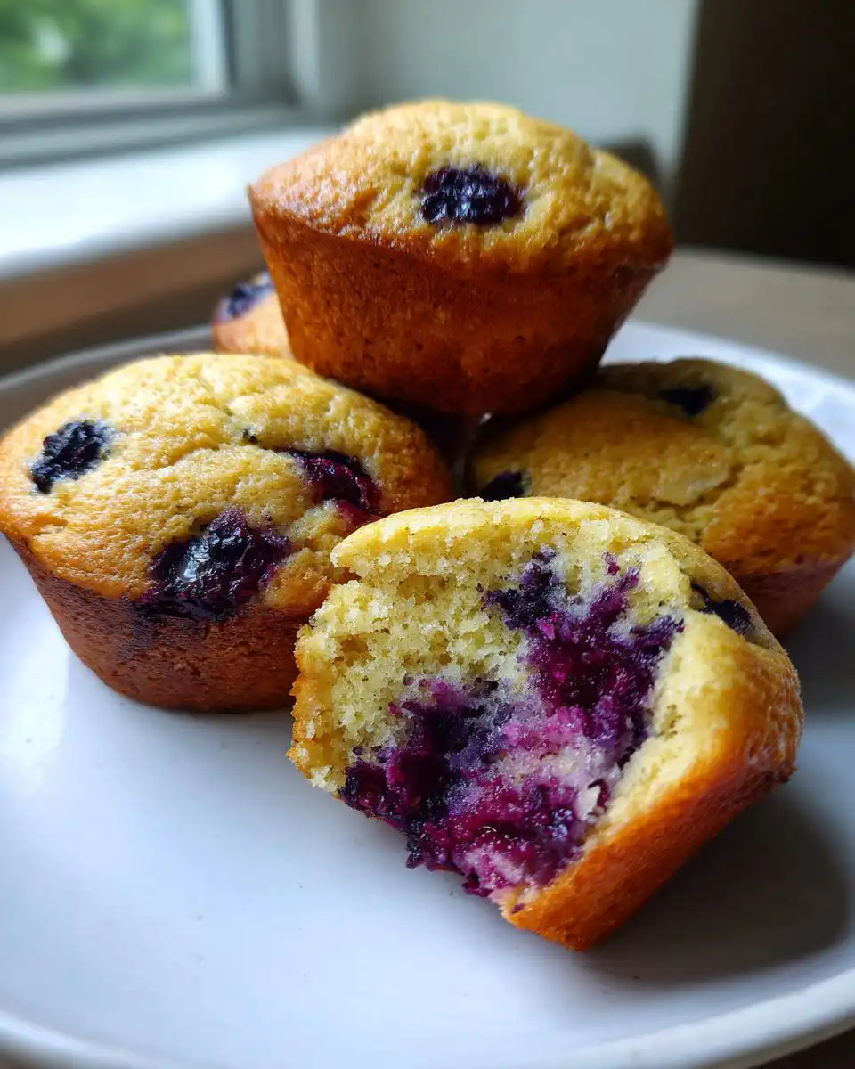 A close-up of gym-friendly Protein Banana Blueberry Muffins, with one muffin broken open to reveal juicy blueberries.