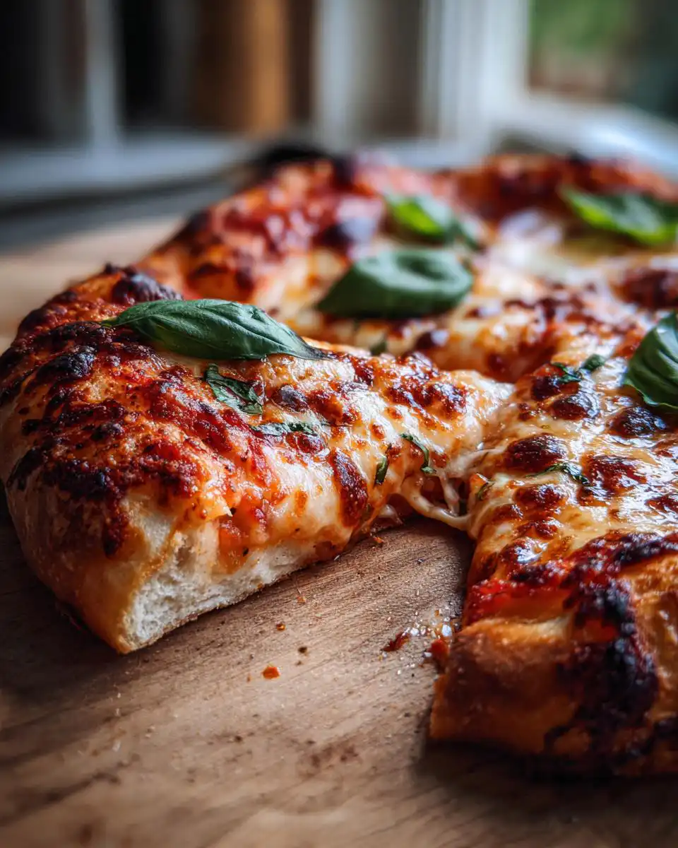A slice of freshly baked pizza made with Quick Same-Day Sourdough Pizza Dough, topped with melted cheese and basil.