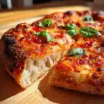 Close-up of a slice of pizza made with quick same-day sourdough pizza dough, showing bubbly crust and fresh basil.