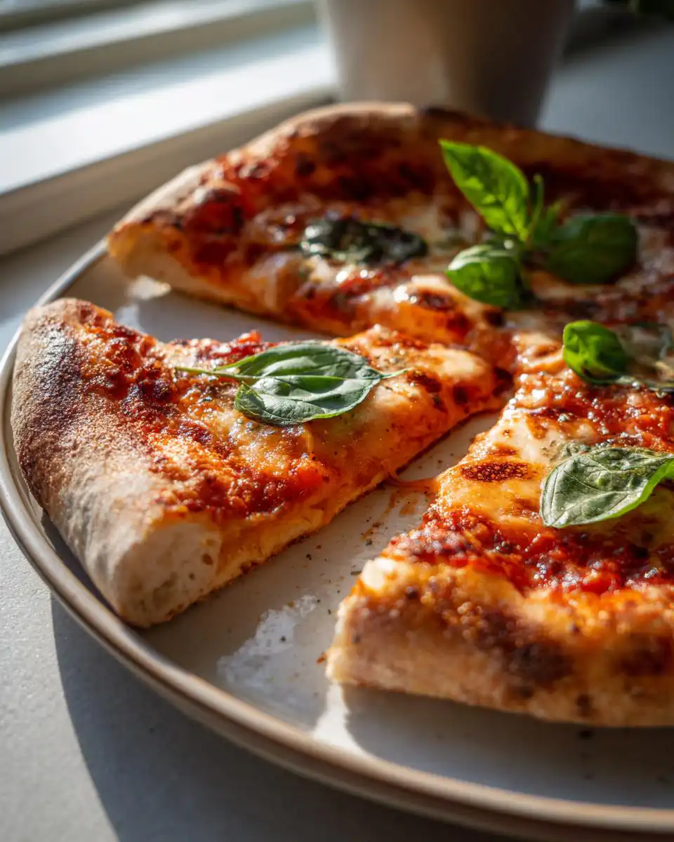 Close-up of freshly baked pizza slices made with Quick Same-Day Sourdough Pizza Dough, topped with tomato sauce, cheese, and basil.