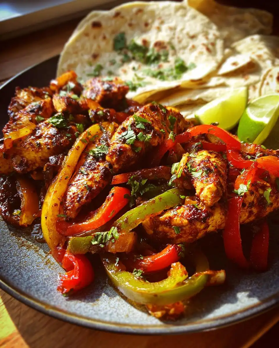 A close-up of delicious Sheet Pan Chicken Fajitas with colorful bell peppers, onions, and tortillas.