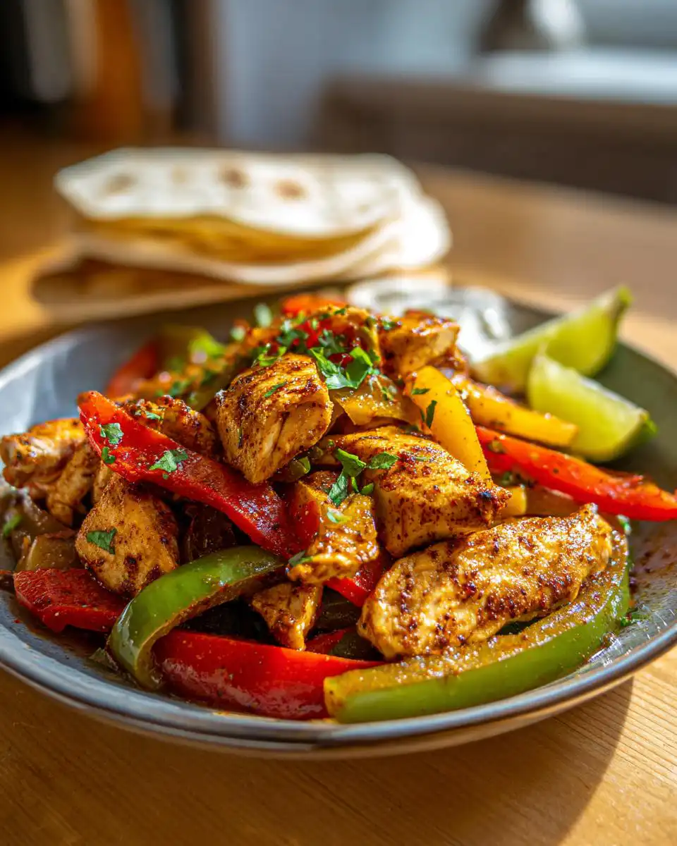 A close-up of colorful Sheet Pan Chicken Fajitas with sliced bell peppers and lime wedges, garnished with parsley.