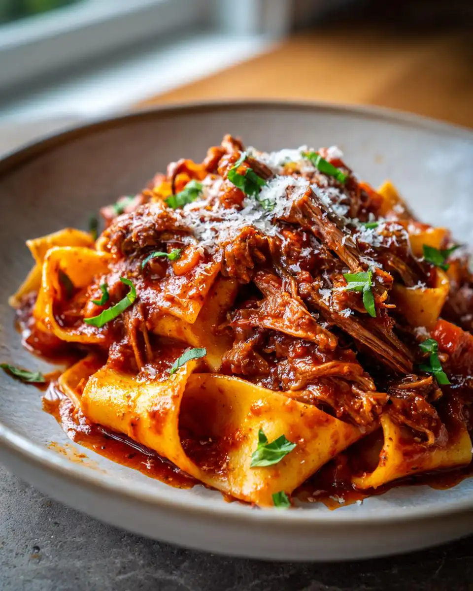 Close-up of a bowl of short rib ragu pasta, featuring wide pappardelle noodles coated in a rich sauce with shredded short rib meat and garnished with fresh herbs and Parmesan cheese.