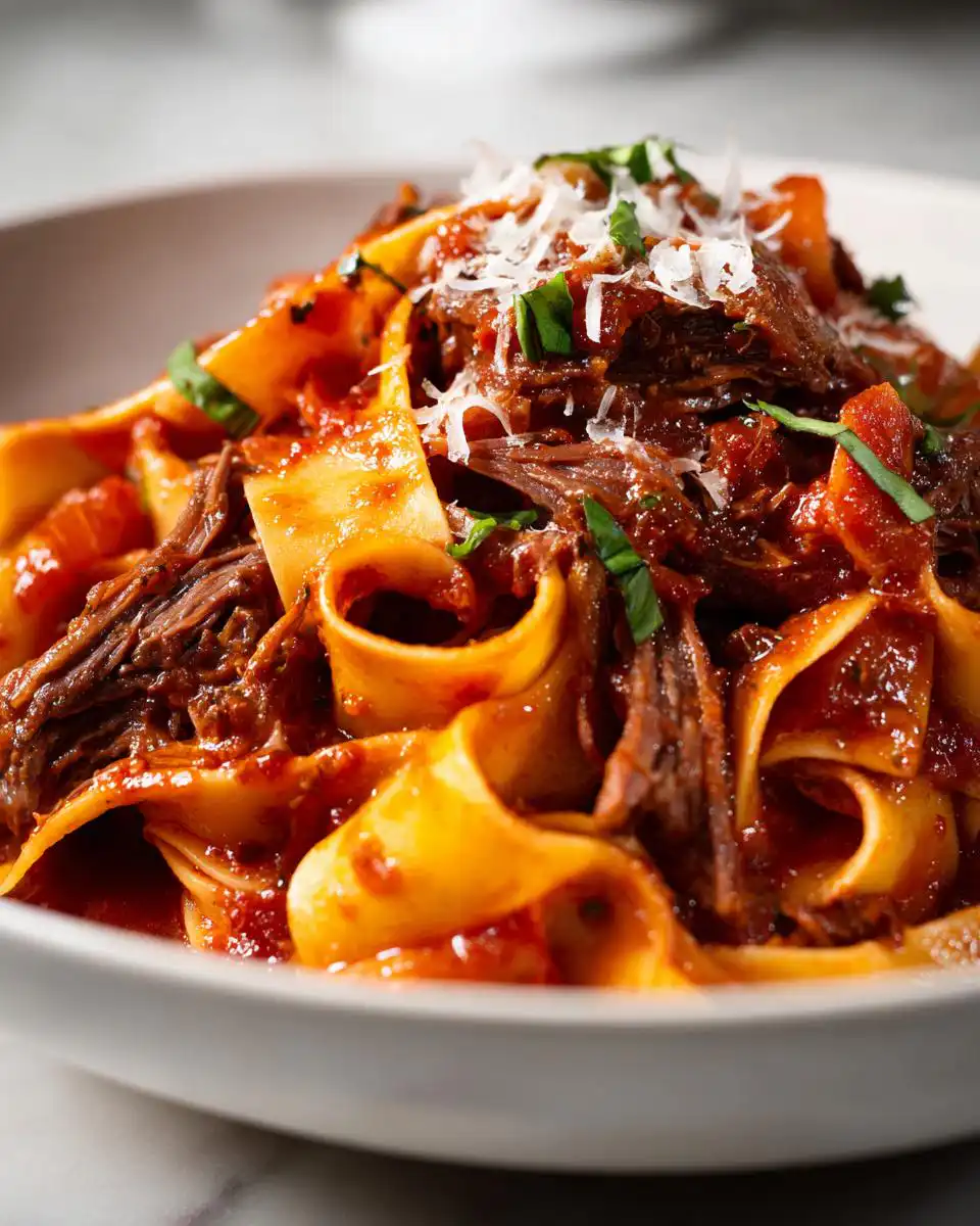 A close-up of a bowl of pappardelle pasta with rich short rib ragu, topped with grated Parmesan and fresh basil.