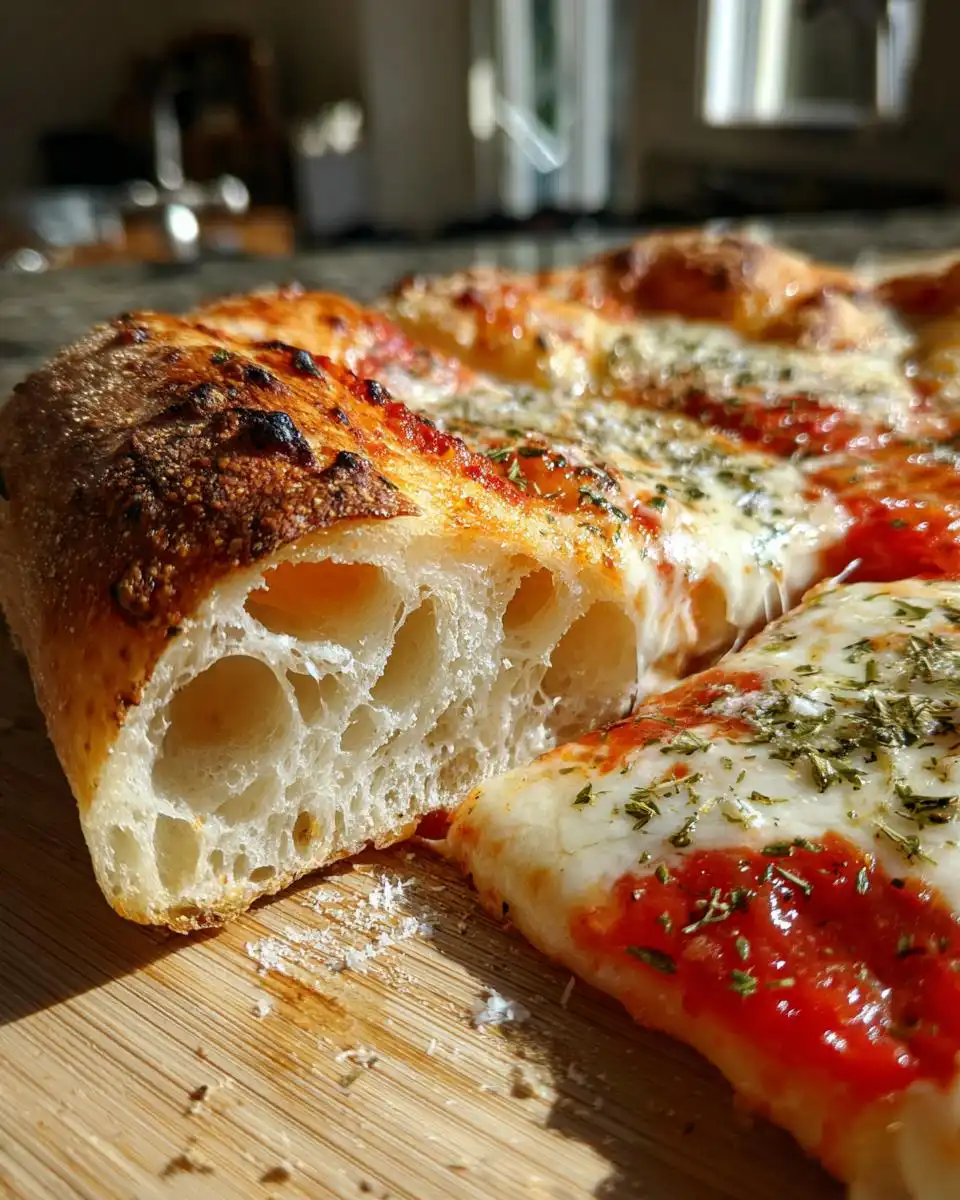 Close-up of a slice of Simple Sourdough Pizza with Minimal Ingredients, showing a bubbly crust and melted cheese.