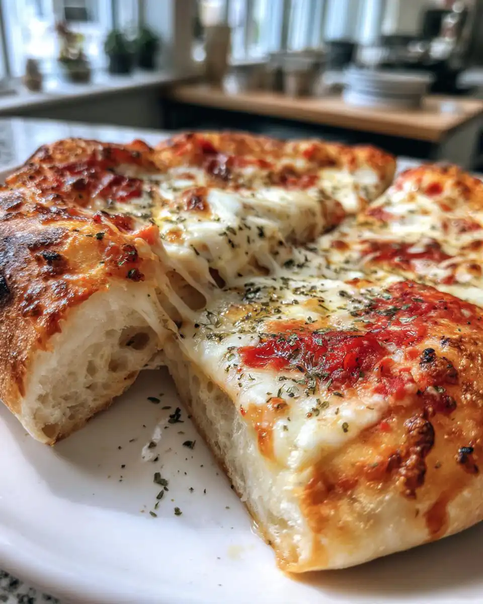 Close-up of a slice of simple sourdough pizza with minimal ingredients, featuring melted cheese and herbs.