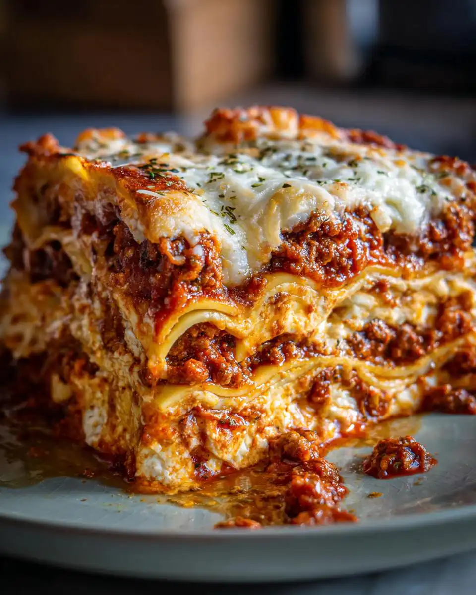 A close-up of a generous slice of slow cooker lasagna, showing layers of pasta, rich meat sauce, and creamy cheese.