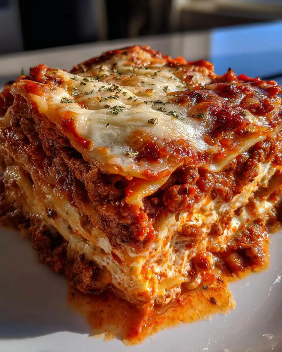 A close-up of a generous slice of slow cooker lasagna, showcasing layers of pasta, rich meat sauce, and melted cheese, topped with herbs.