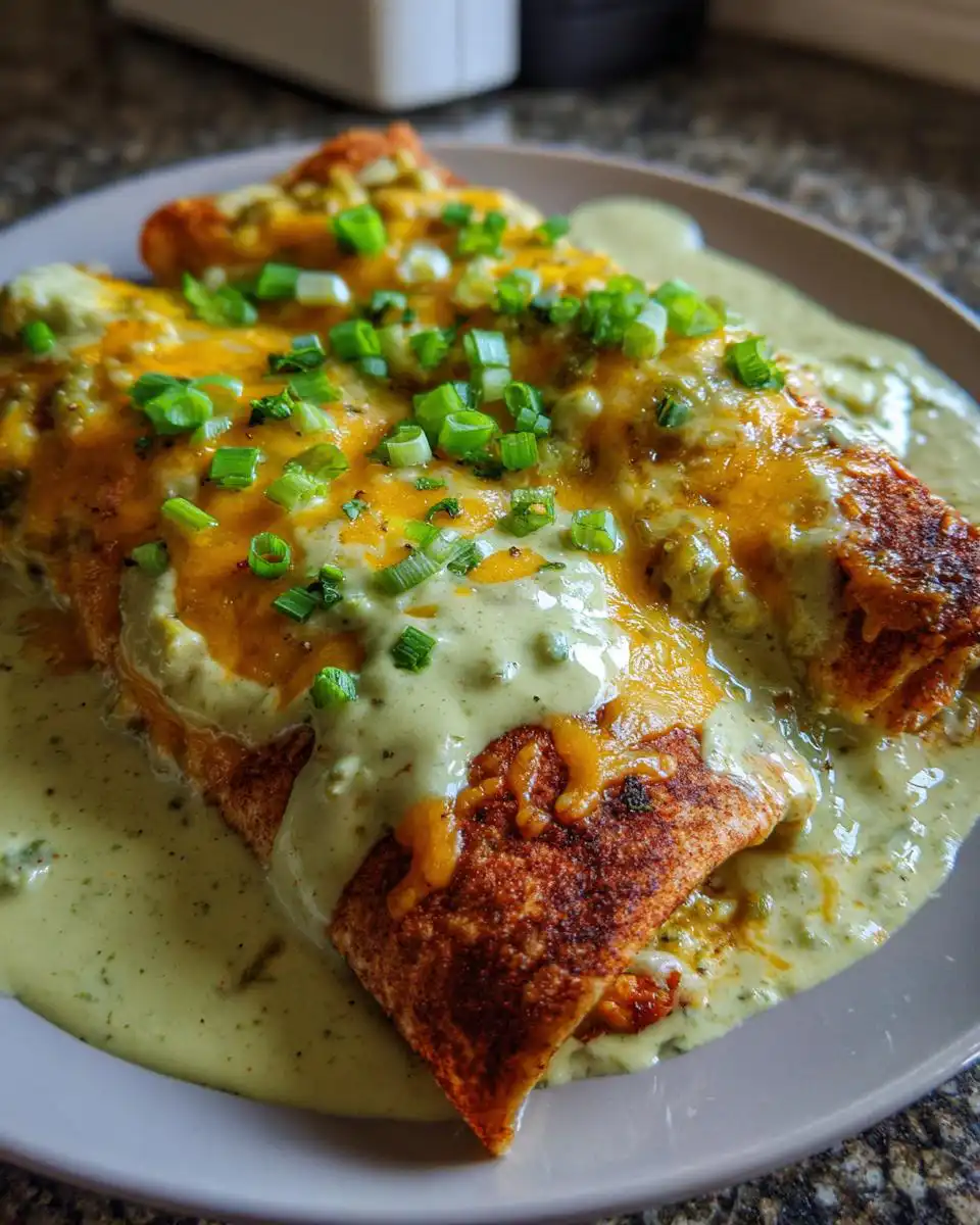 Close-up of a delicious smothered chicken burrito topped with melted cheese and chopped green onions.