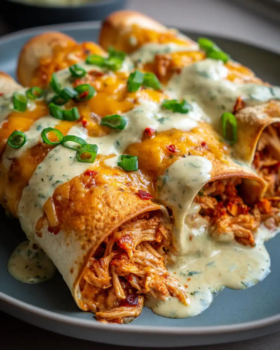 Close-up of a plate with three smothered chicken burritos, topped with melted cheese, creamy sauce, and green onions.