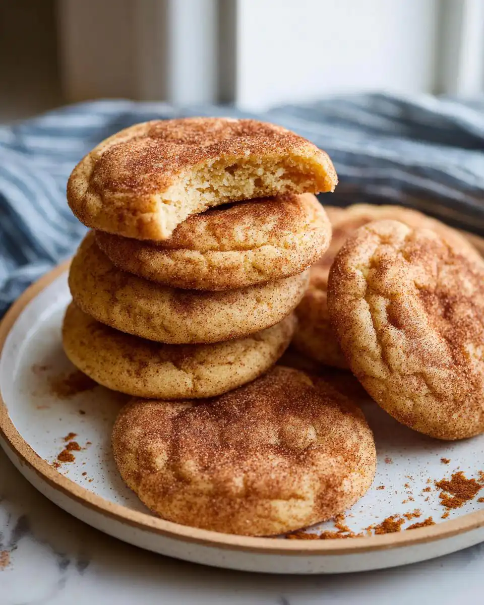 A stack of freshly baked Snickerdoodle Cookies, with one cookie on top showing a bite taken out.
