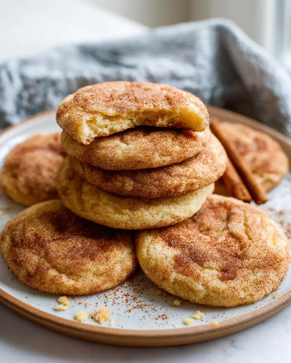 A stack of delicious Snickerdoodle Cookies, with one cookie broken to show the soft interior.