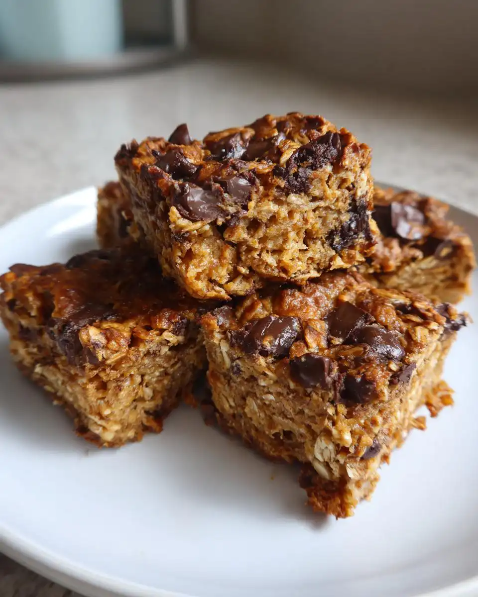 Close-up of a stack of soft banana bread oat bars, studded with chocolate chips, on a white plate.