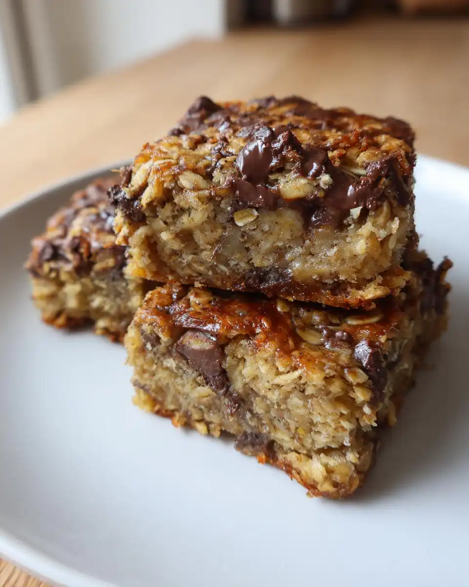 Close-up of stacked Soft Banana Bread Oat Bars Healthy, showing oats, banana, and melted chocolate chips.