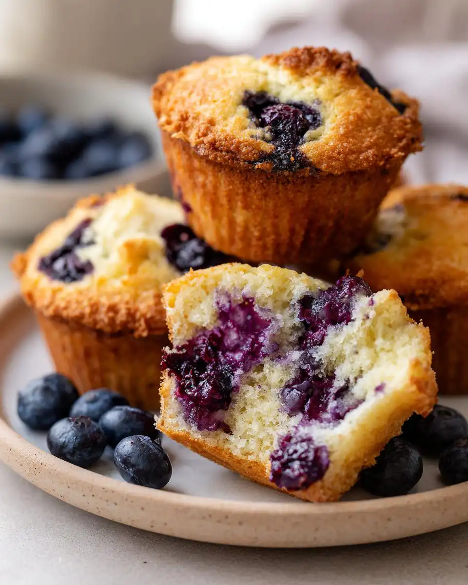 Close-up of soft and fluffy blueberry muffins with fresh berries, one muffin broken open to reveal the juicy interior.