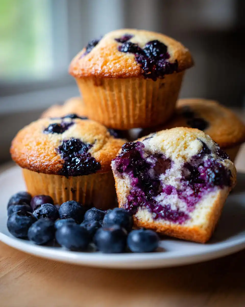 Close-up of soft and fluffy blueberry muffins with fresh berries, one muffin cut in half to show the interior.