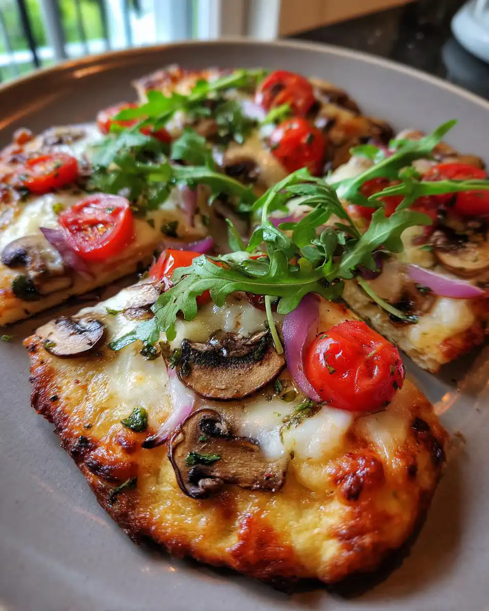 Close-up of a slice of Sourdough Flatbread Pizza topped with melted cheese, mushrooms, cherry tomatoes, red onion, and arugula.