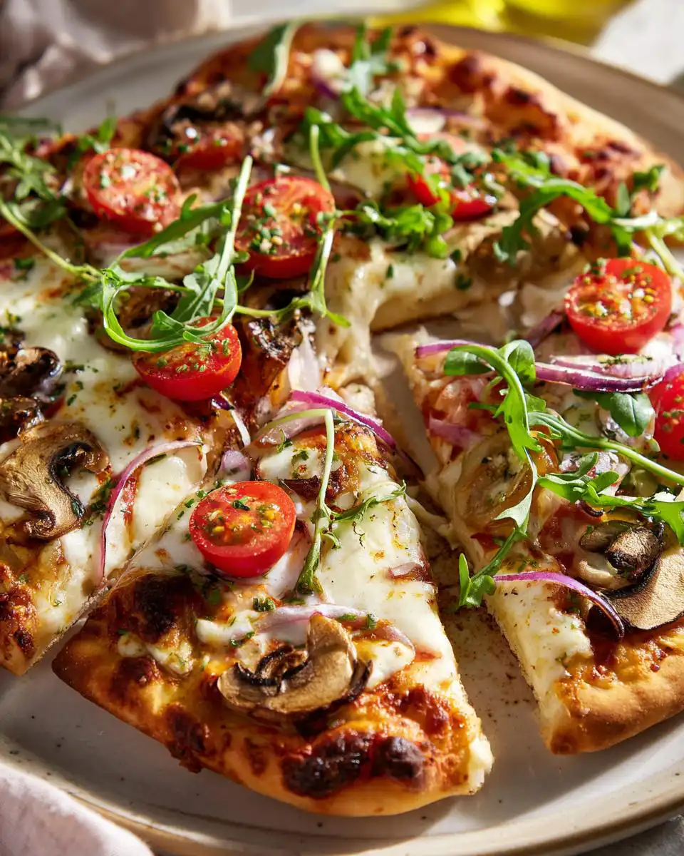 A close-up of a delicious Sourdough Flatbread Pizza topped with mushrooms, cherry tomatoes, red onion, and arugula.