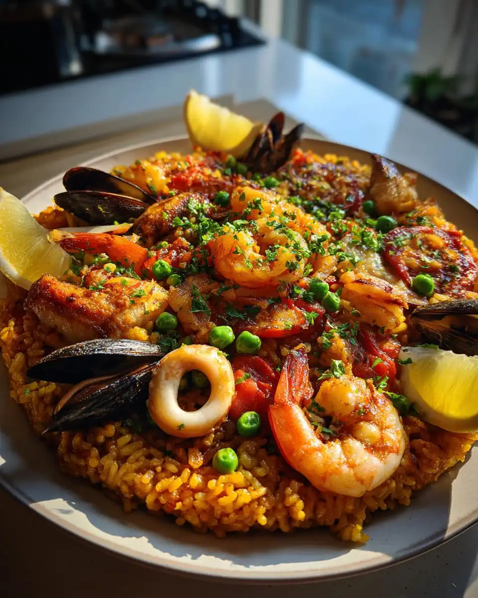 A vibrant Spanish paella recipe dish filled with rice, shrimp, mussels, peas, and lemon wedges.