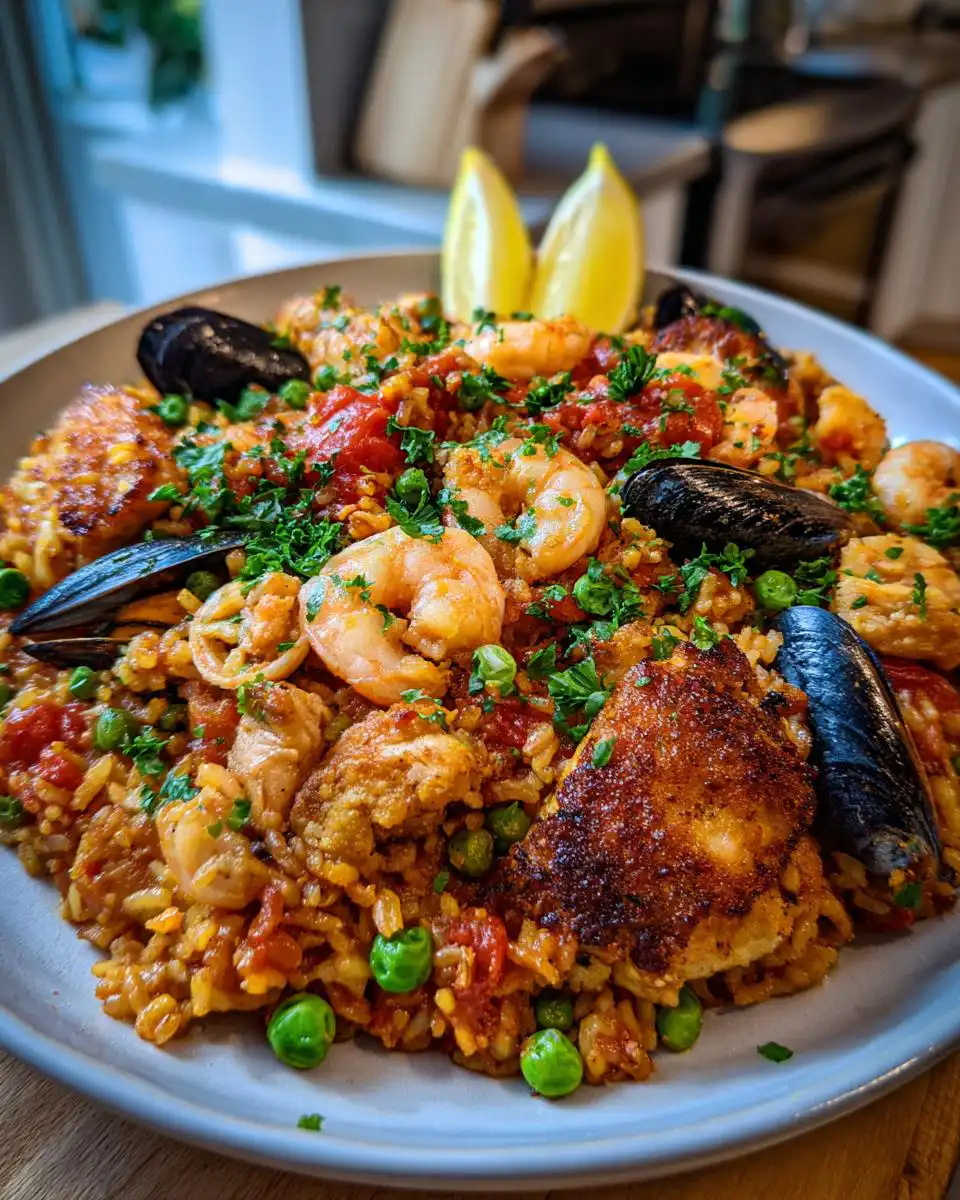 A close-up of a flavorful Spanish paella recipe featuring rice, shrimp, mussels, peas, and lemon wedges.