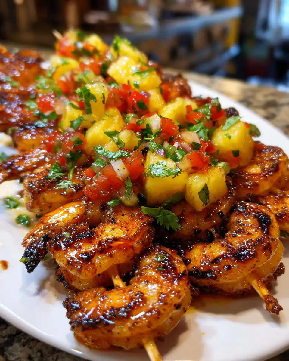 Close-up of spicy grilled shrimp skewers topped with a fresh pineapple salsa.