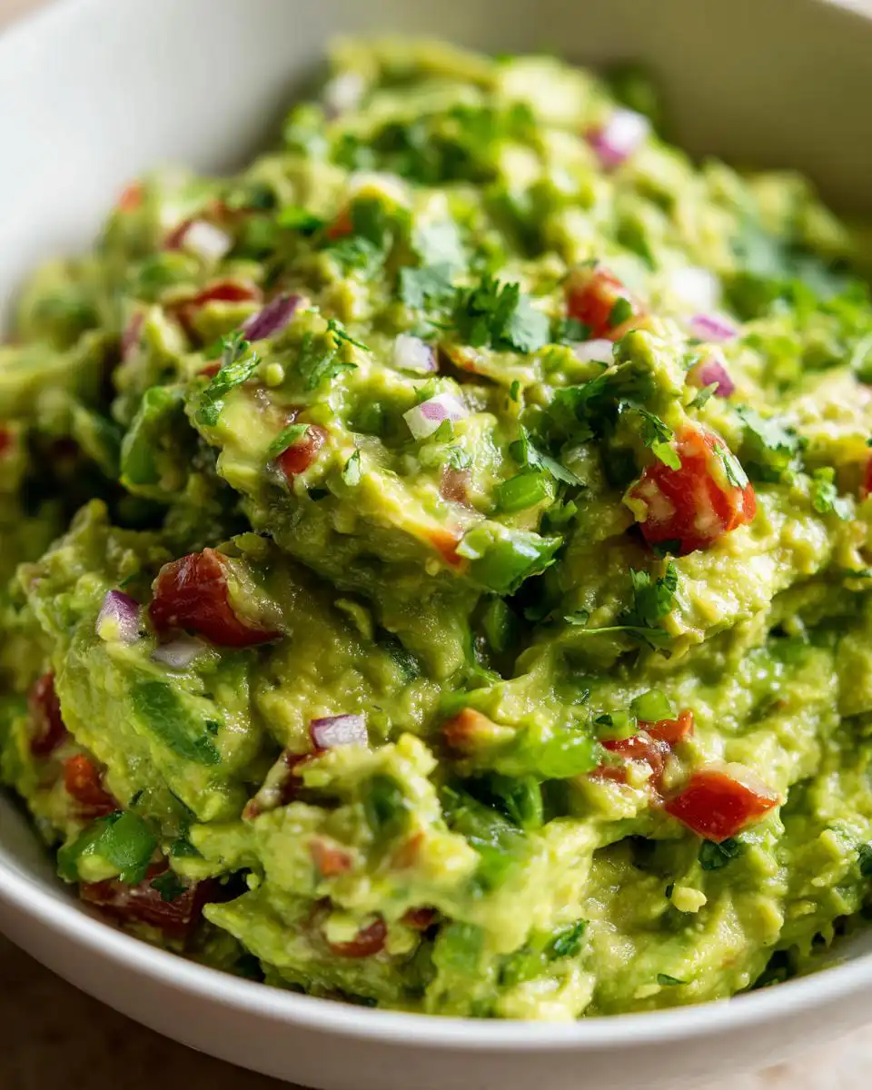 Close-up of a bowl of fresh Spicy Jalapeño Guacamole with a Kick, showing chunks of avocado, jalapeño, tomato, and cilantro.