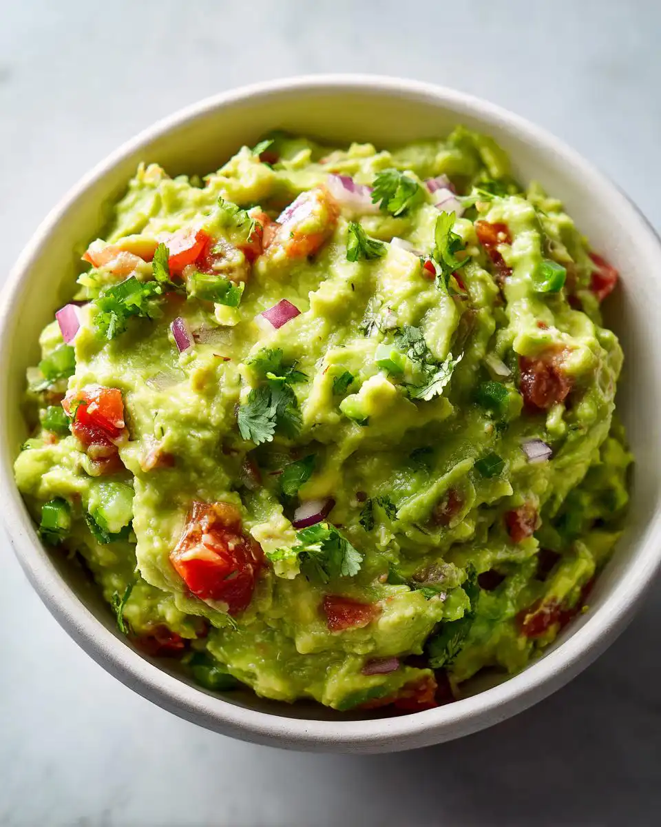 A close-up of fresh Spicy Jalapeño Guacamole with a Kick, featuring chunks of avocado, tomato, red onion, cilantro, and jalapeño.