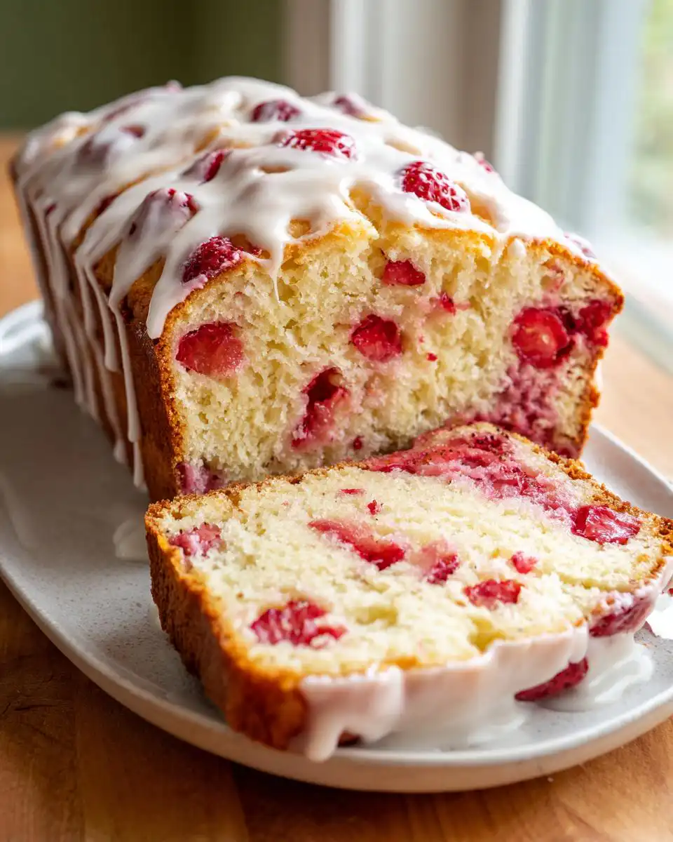 A loaf of moist strawberry bread, sliced, with fresh strawberries baked inside and drizzled with a sweet glaze.