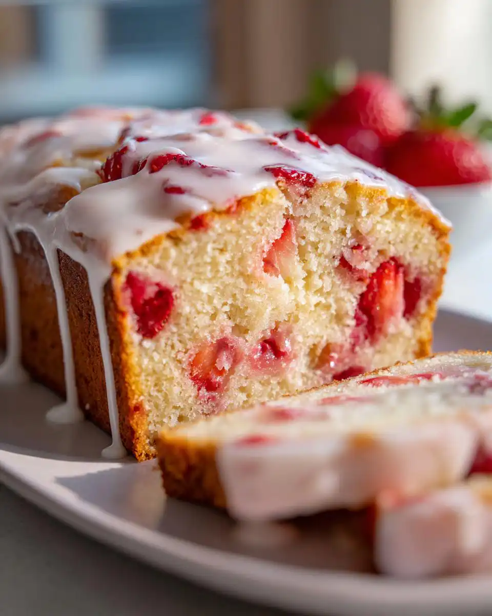 A close-up of a sliced Strawberry Bread loaf, drizzled with white glaze and studded with fresh strawberries.