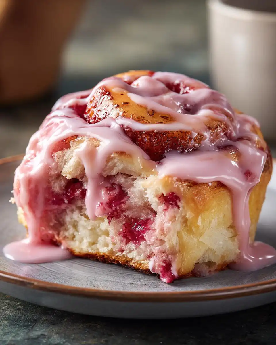 Close-up of a moist Strawberry Cinnamon Roll topped with a vibrant pink glaze, showing the fluffy dough and berry filling.