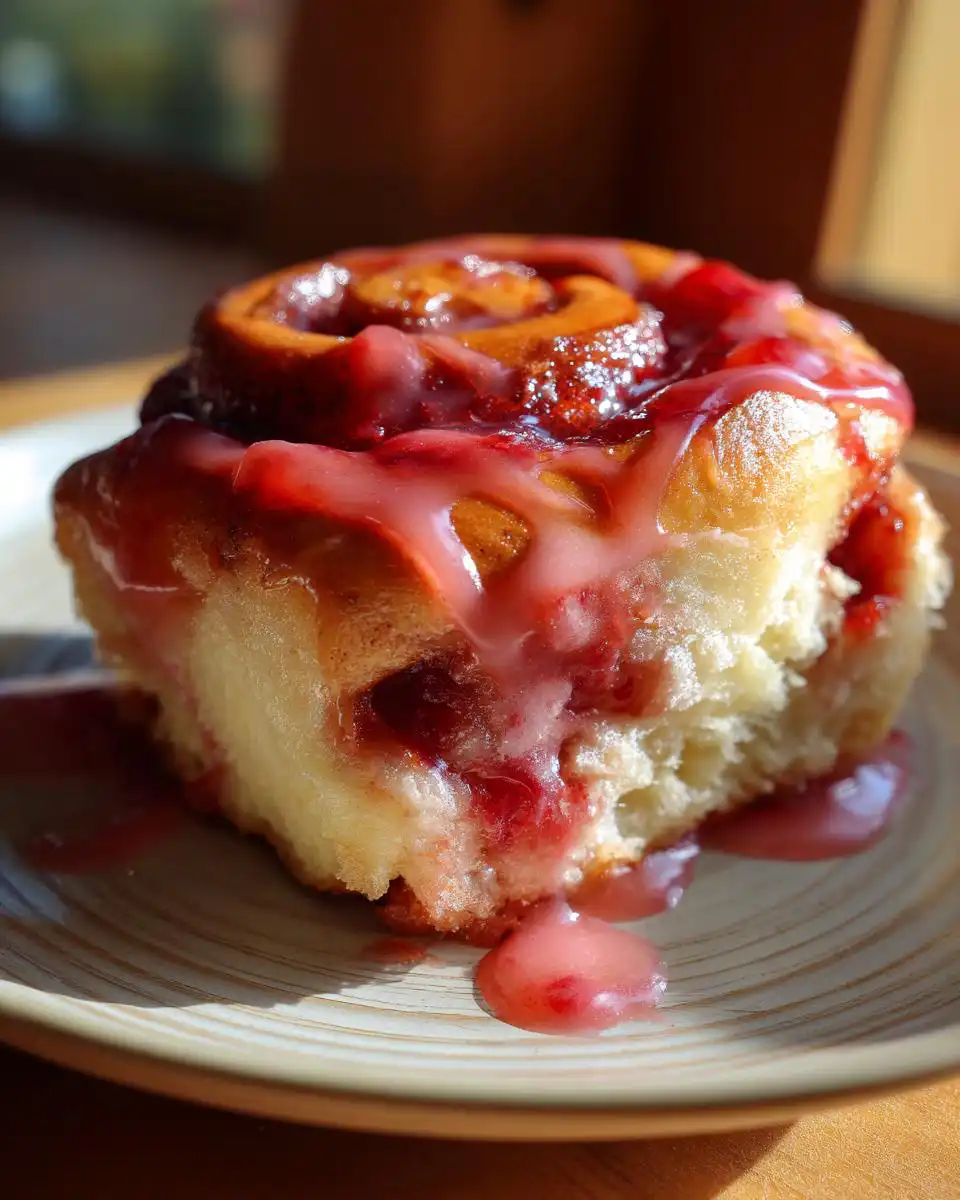 Close-up of a moist Strawberry Cinnamon Roll topped with pink glaze and strawberry filling.