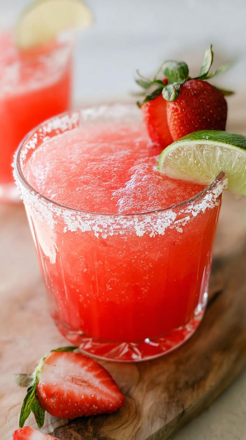 A close-up of a frozen Strawberry Lime Mocktail Margarita, garnished with fresh strawberries and lime slices, with a salt-rimmed glass.
