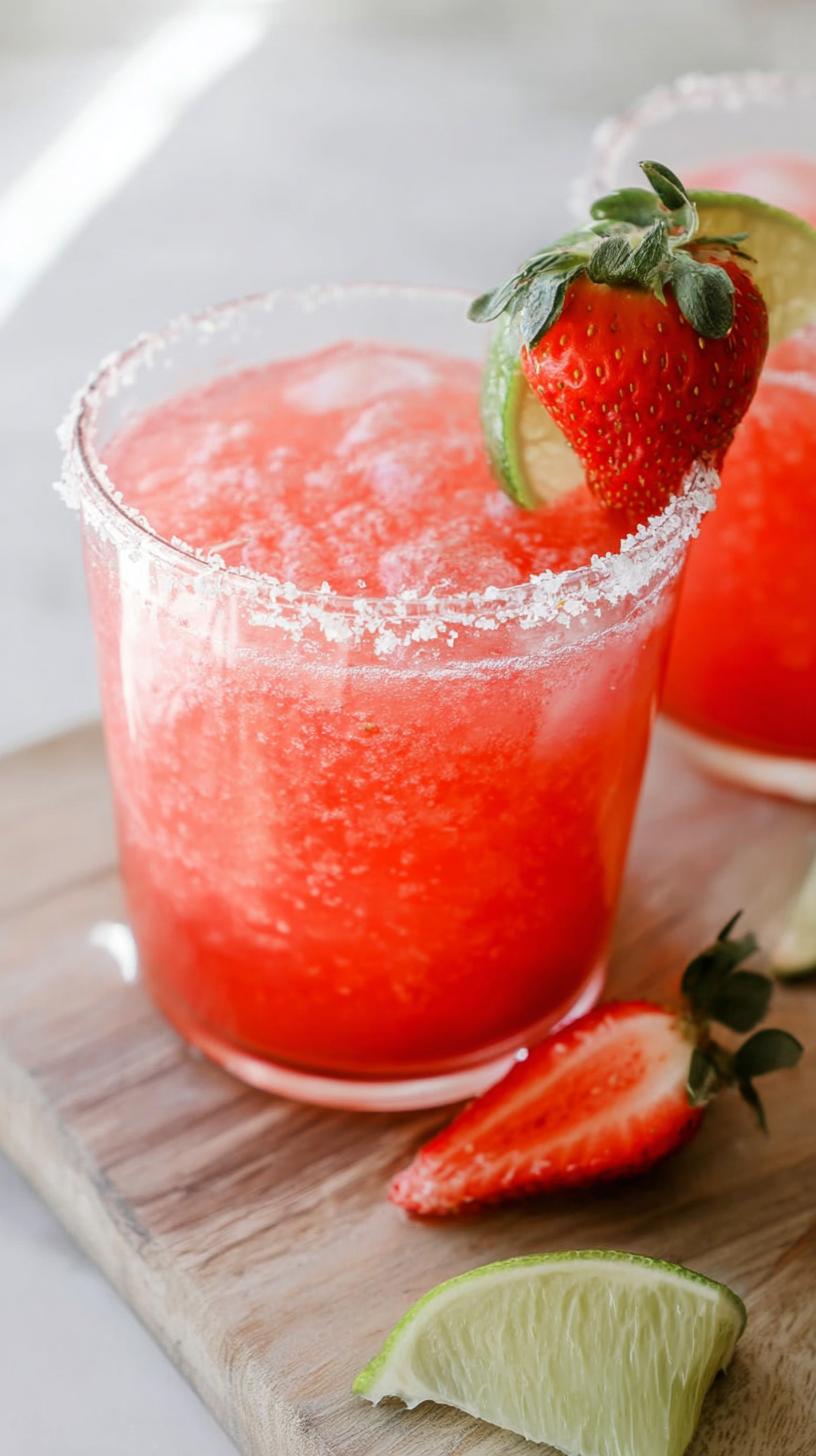 A refreshing Strawberry Lime Mocktail Margarita garnished with a fresh strawberry and lime, with a salt rim on the glass.