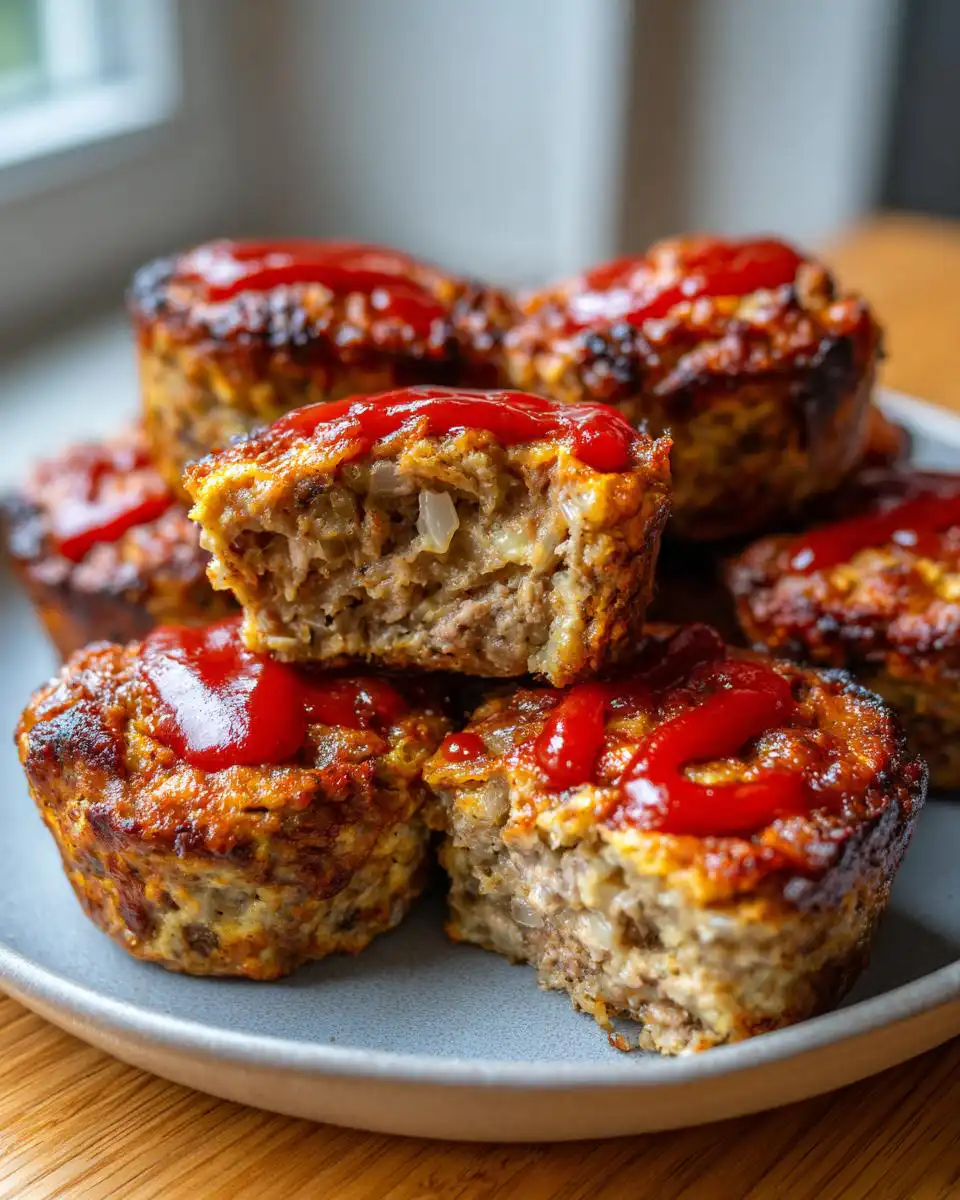 A close-up of several tender mini meatloaf muffins, one with a bite taken out, topped with ketchup.