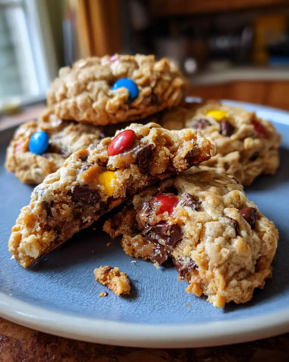 Close-up of a stack of Thick and Chewy Monster Cookies, one broken in half to show melty chocolate chips and M&Ms.