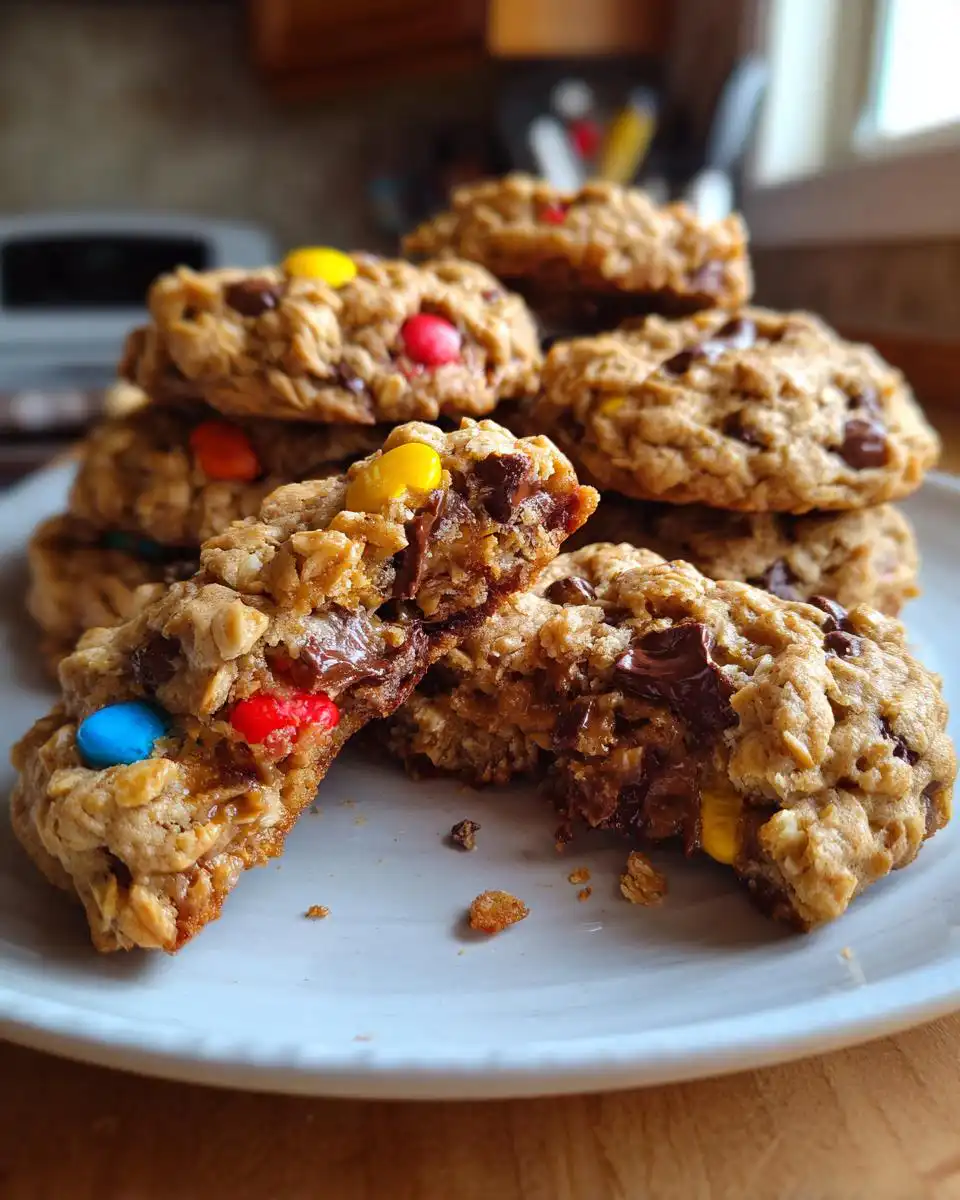 A stack of Thick and Chewy Monster Cookies, one broken in half revealing melted chocolate chips and colorful M&Ms.
