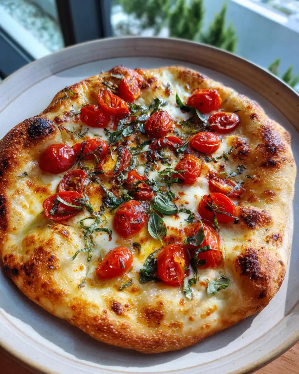 A perfectly baked thin crust sourdough pizza topped with cherry tomatoes, mozzarella, and fresh basil.