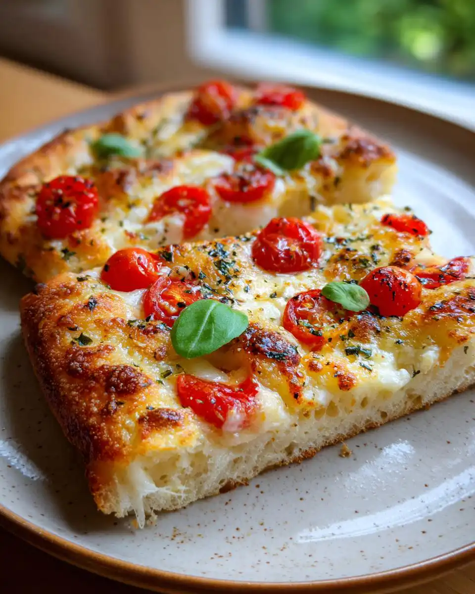 Close-up of a slice of Thin Crust Sourdough Pizza topped with cherry tomatoes, mozzarella, and basil.