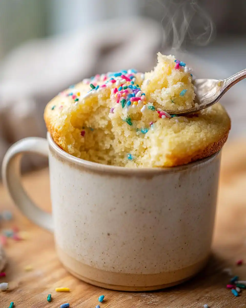 A close-up of a steaming vanilla mug cake topped with colorful sprinkles, with a spoonful being lifted out.