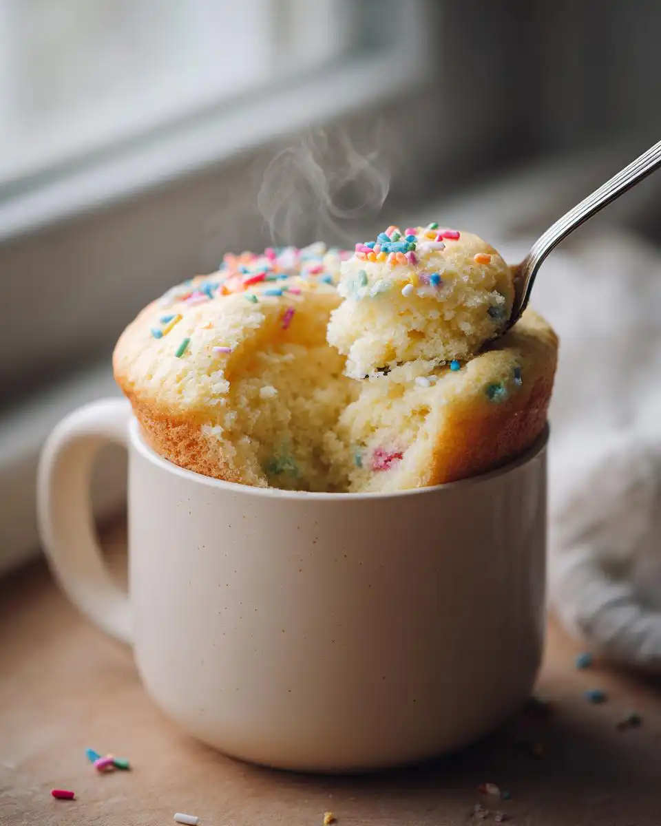 A fork taking a bite out of a steaming vanilla mug cake topped with colorful sprinkles.