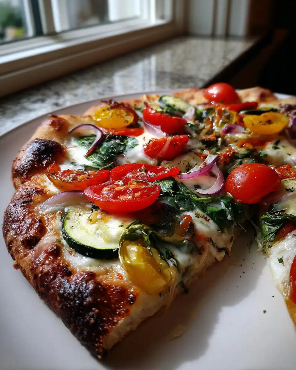 A slice of fresh veggie sourdough pizza topped with cherry tomatoes, zucchini, red onion, and spinach.