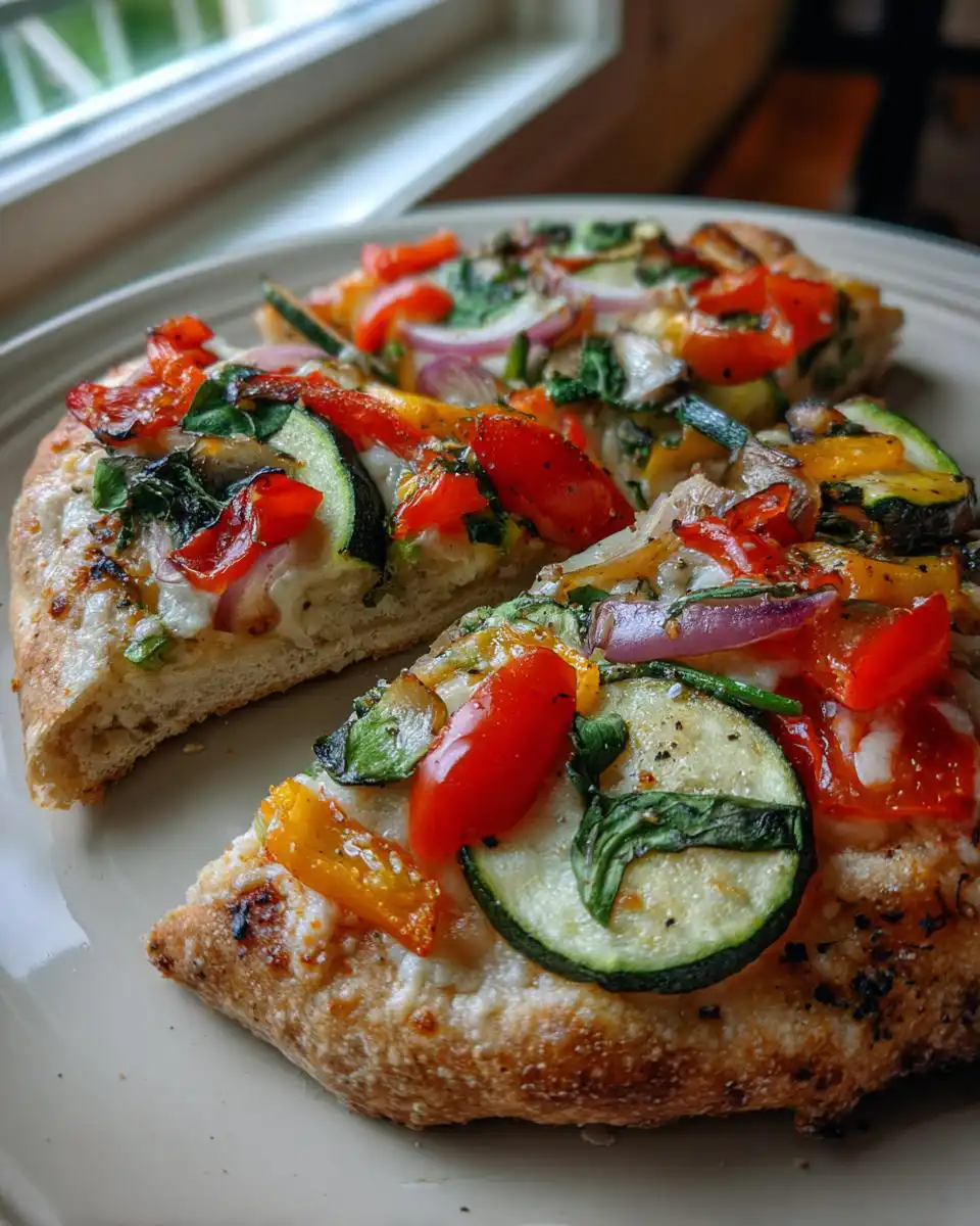 Close-up of two slices of Veggie Sourdough Pizza topped with zucchini, bell peppers, tomatoes, and red onion.