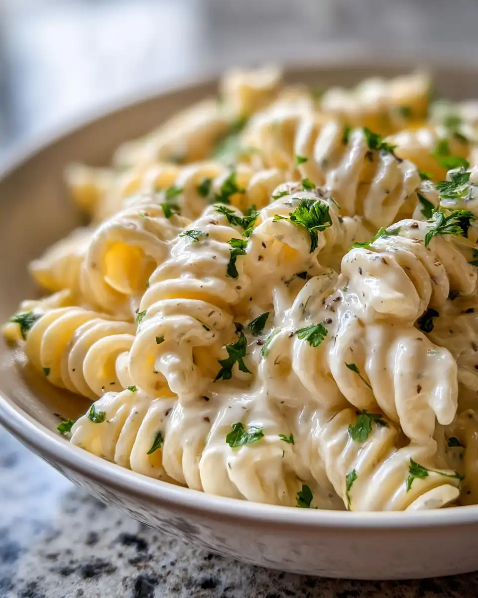 Close-up of a bowl of Velvety Smooth Whipped Feta Pasta, coated in creamy sauce and garnished with parsley.