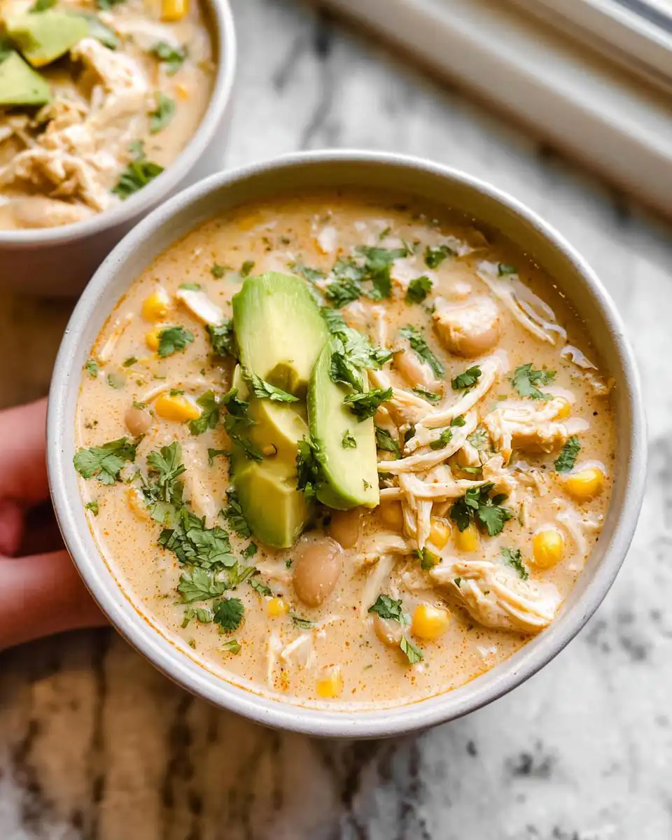 A close-up of a bowl of creamy white chicken chili recipe, topped with avocado slices and cilantro.