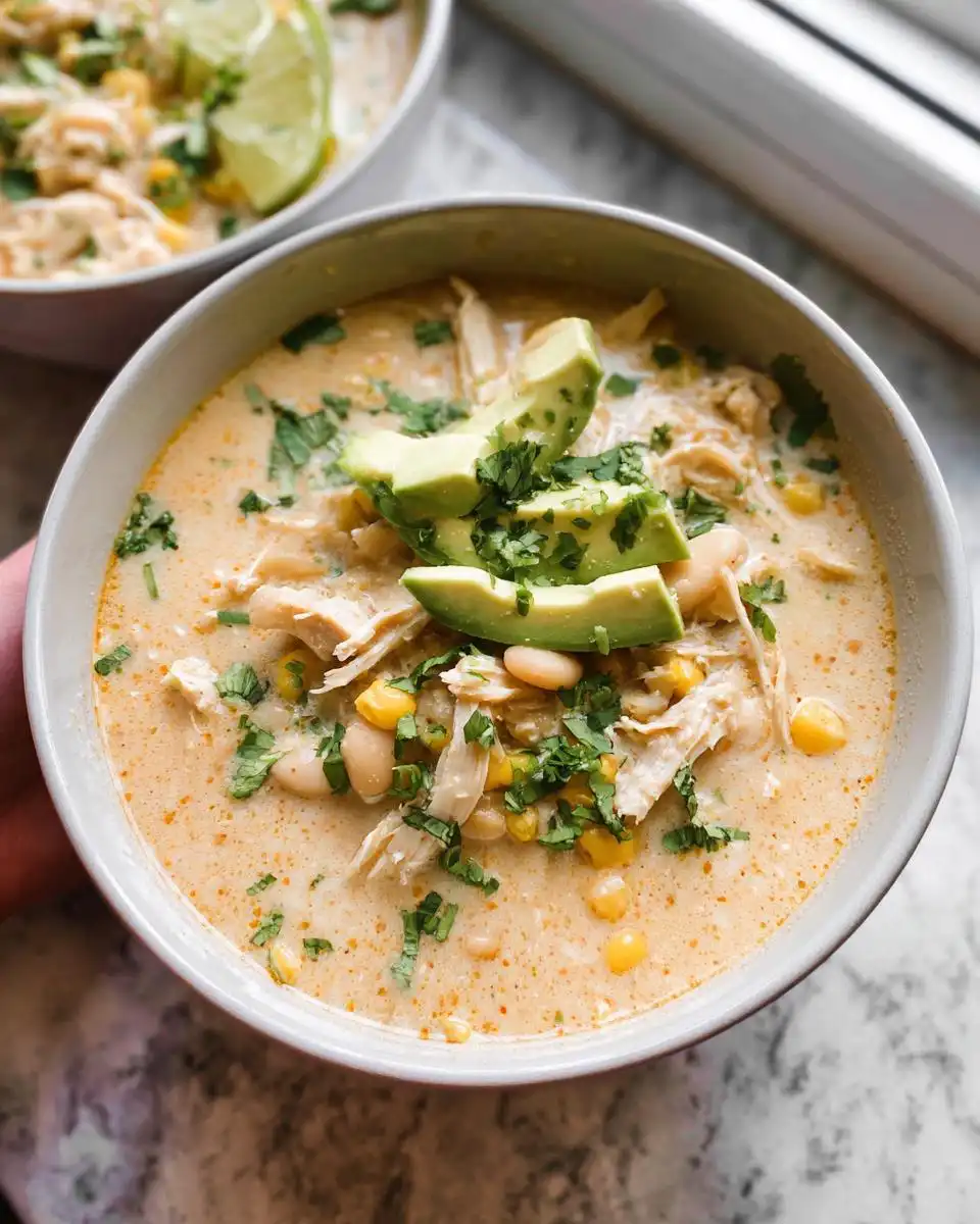 A close-up of a bowl of white chicken chili recipe, topped with avocado, cilantro, and a lime wedge.