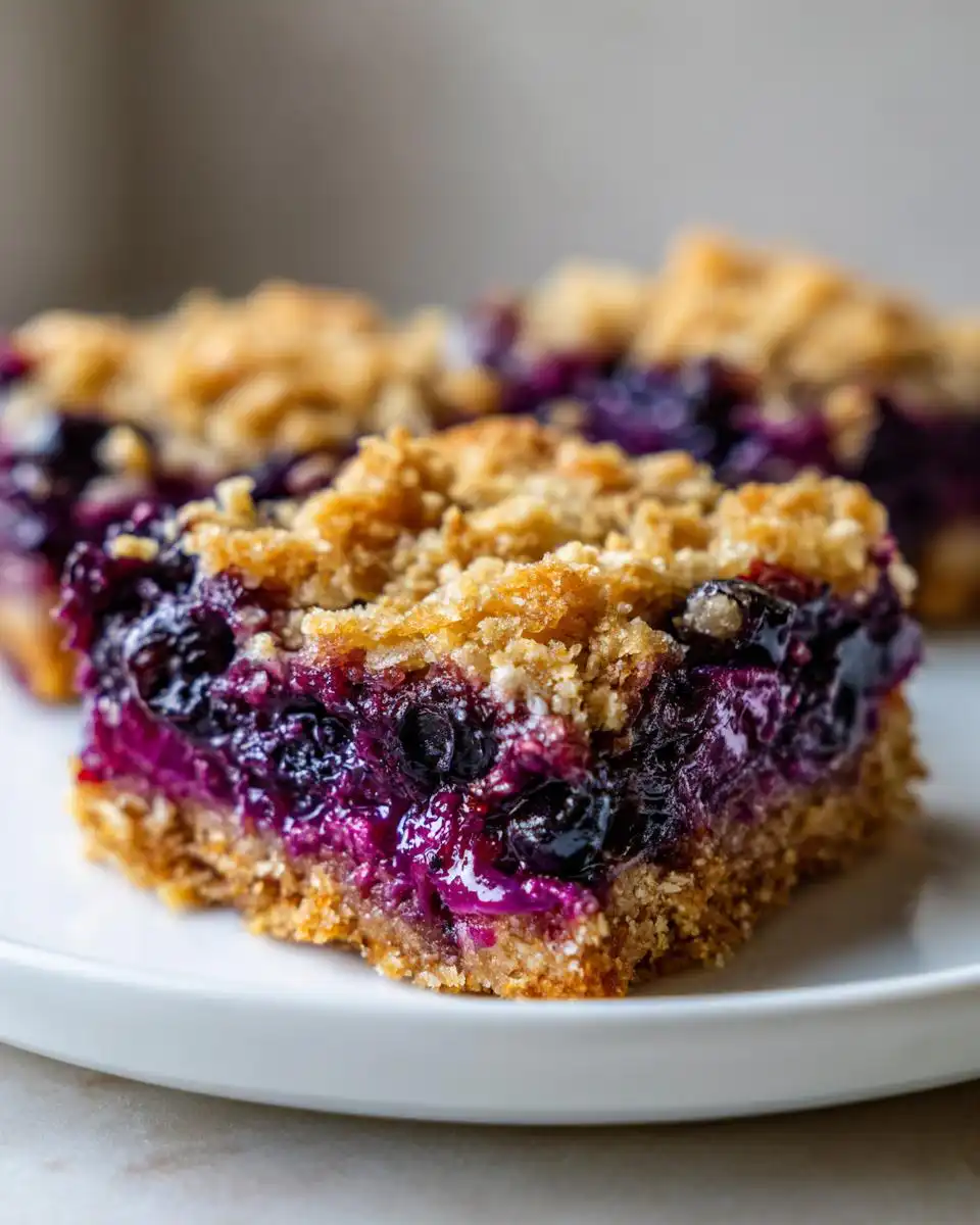 Close-up of a Wholesome Blueberry Oatmeal Bar on a white plate, showing a thick layer of juicy blueberries and a crumbly oat topping.