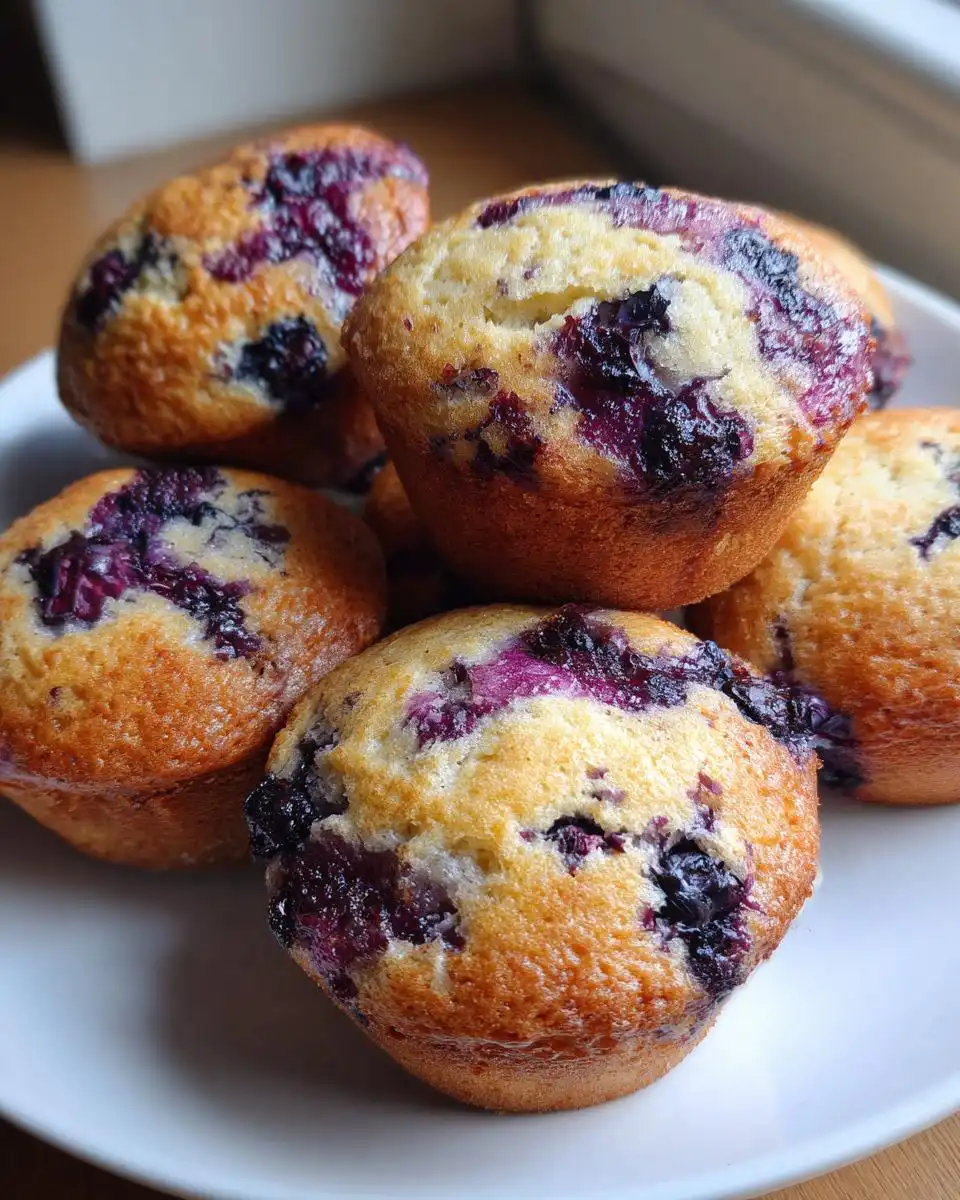 A close-up of several golden-brown Wild Blueberry Muffins bursting with flavor, piled on a white plate.